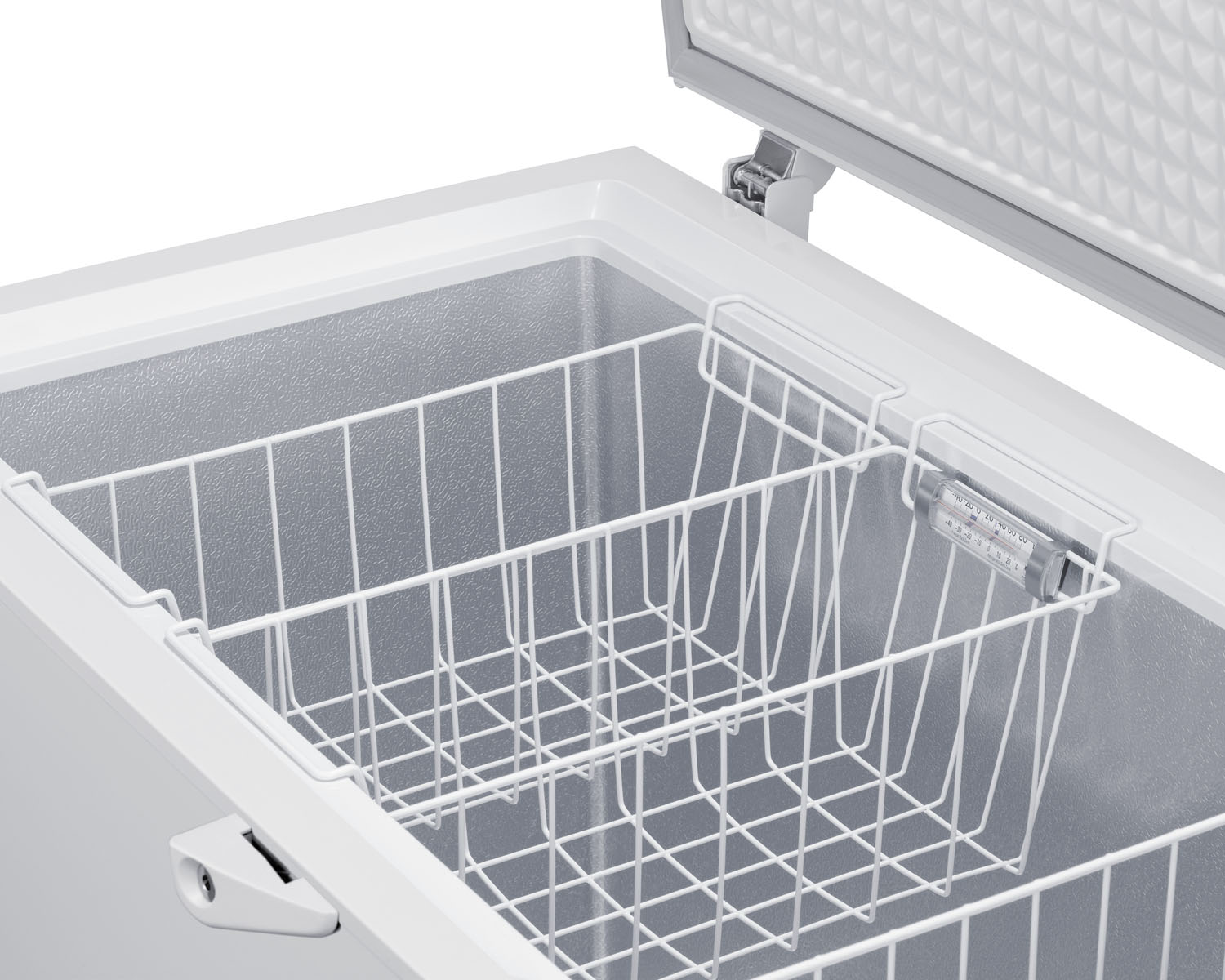Commercially listed 10 cu.ft. manual defrost chest freezer in white with stainless steel corner guards and lock